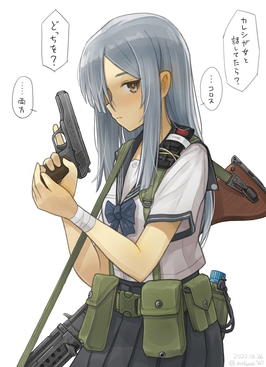 1girl battle_rifle dated grey_hair gun hair_over_one_eye handgun highres howa_type_64 long_hair mifune_(_mifune_707) new_nambu_m57 original rifle school_uniform serafuku translated trigger_discipline twitter_username weapon white_background yellow_eyes