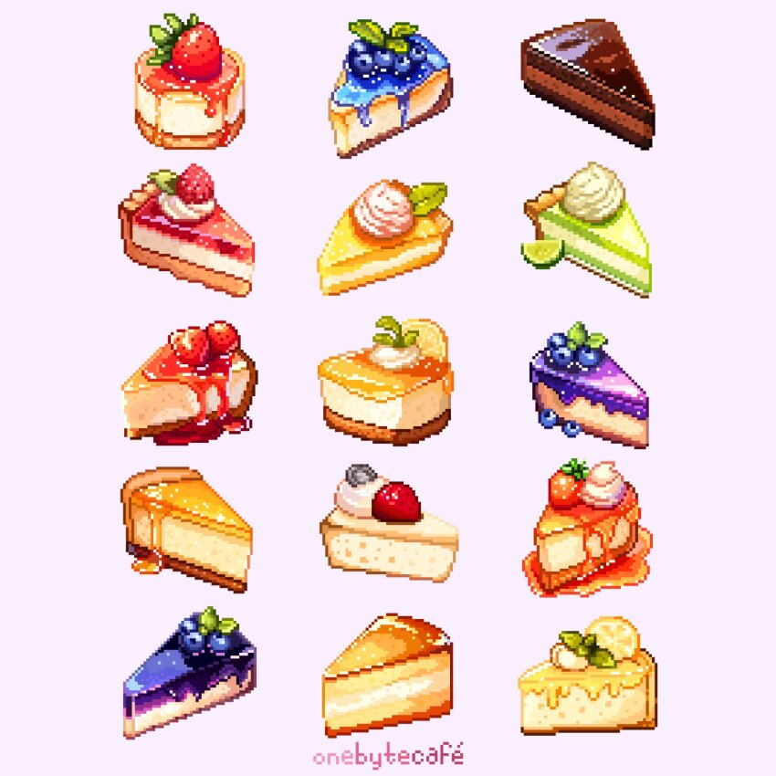 artist_name blueberry cake cake_slice cheesecake chocolate chocolate_cake dessert food food_focus fruit highres honey lemon lemon_cake no_humans one_byte_cafe orange_(fruit) original pixel_art purple_background simple_background strawberry_shortcake
