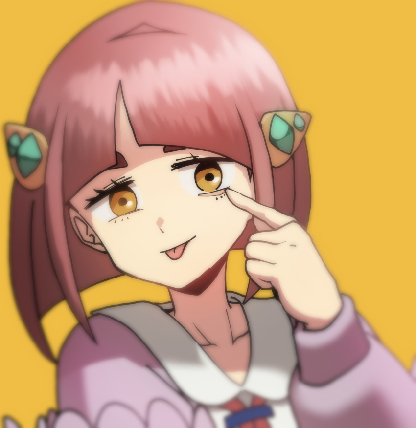 1girl akanbe arched_bangs blurry cardigan closed_mouth collared_shirt commentary_request eyelashes eyelid_pull hair_ornament hairclip hand_up heydove highres index_finger_raised lacey_(pokemon) long_sleeves medium_hair nintendo pink_hair pokemon pokemon_sv shirt simple_background solo tongue tongue_out upper_body white_shirt yellow_background yellow_eyes