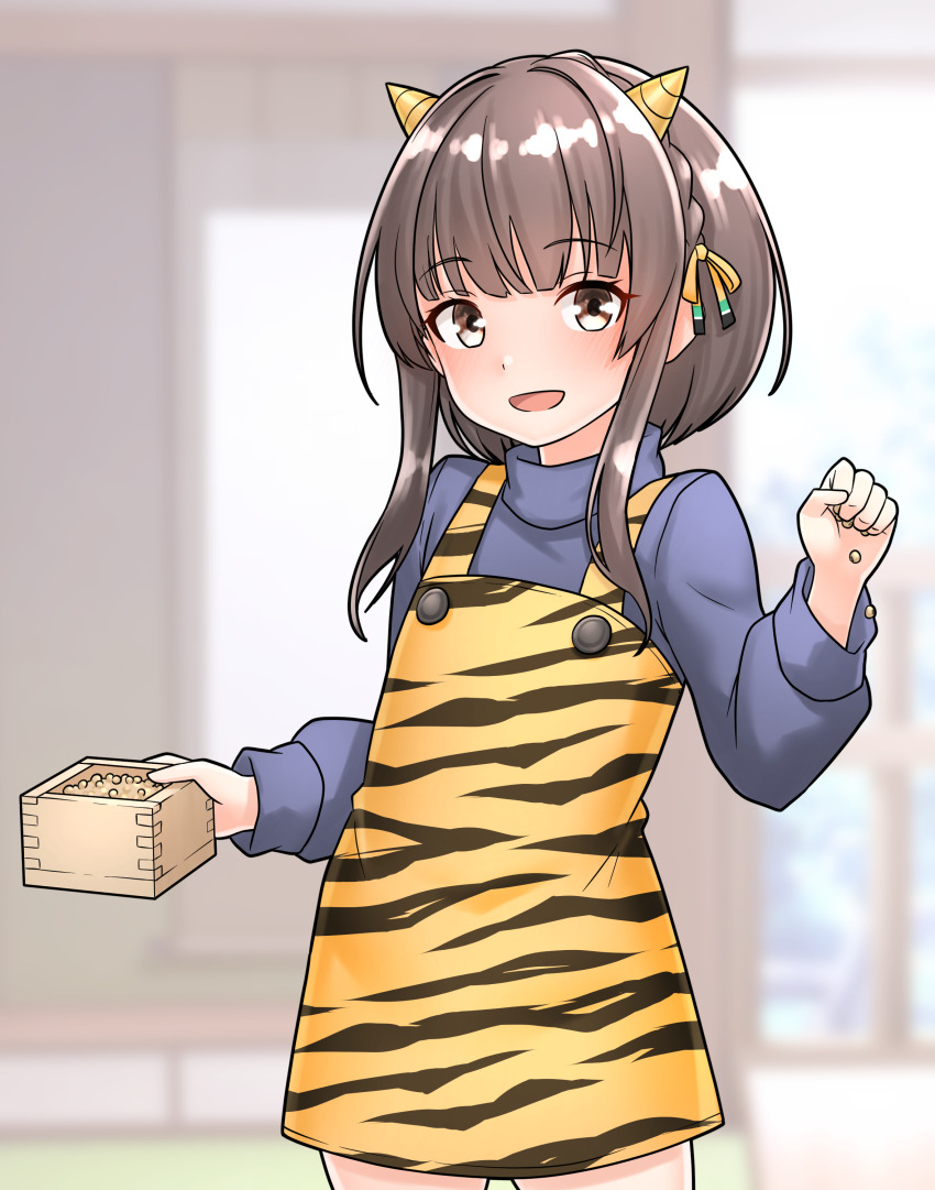 1girl absurdres animal_print apron blue_sweater brown_eyes commentary_request furaggu_(frag_0416) hair_ribbon hand_up highres indoors kantai_collection long_sleeves looking_at_viewer print_apron ribbon short_hair short_hair_with_long_locks solo standing sweater thighs tiger_print turtleneck turtleneck_sweater ukuru_(kancolle) yellow_ribbon