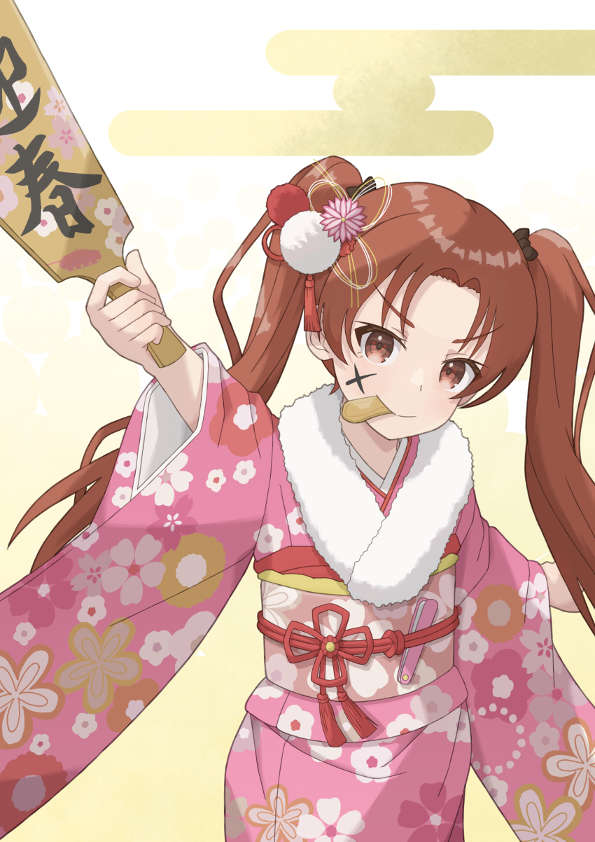 1girl absurdres alternate_costume arm_up black_bow bow brown_eyes chips_(food) closed_mouth cowboy_shot egasumi floral_print food food_in_mouth fur_scarf furisode girls_und_panzer hagoita hair_bow hair_ornament hanetsuki highres holding japanese_clothes kadotani_anzu kimono long_hair long_sleeves looking_at_viewer obi paddle parted_bangs pink_kimono potato_chips print_kimono qgkmn541 sash smile solo standing textless_version twintails wide_sleeves