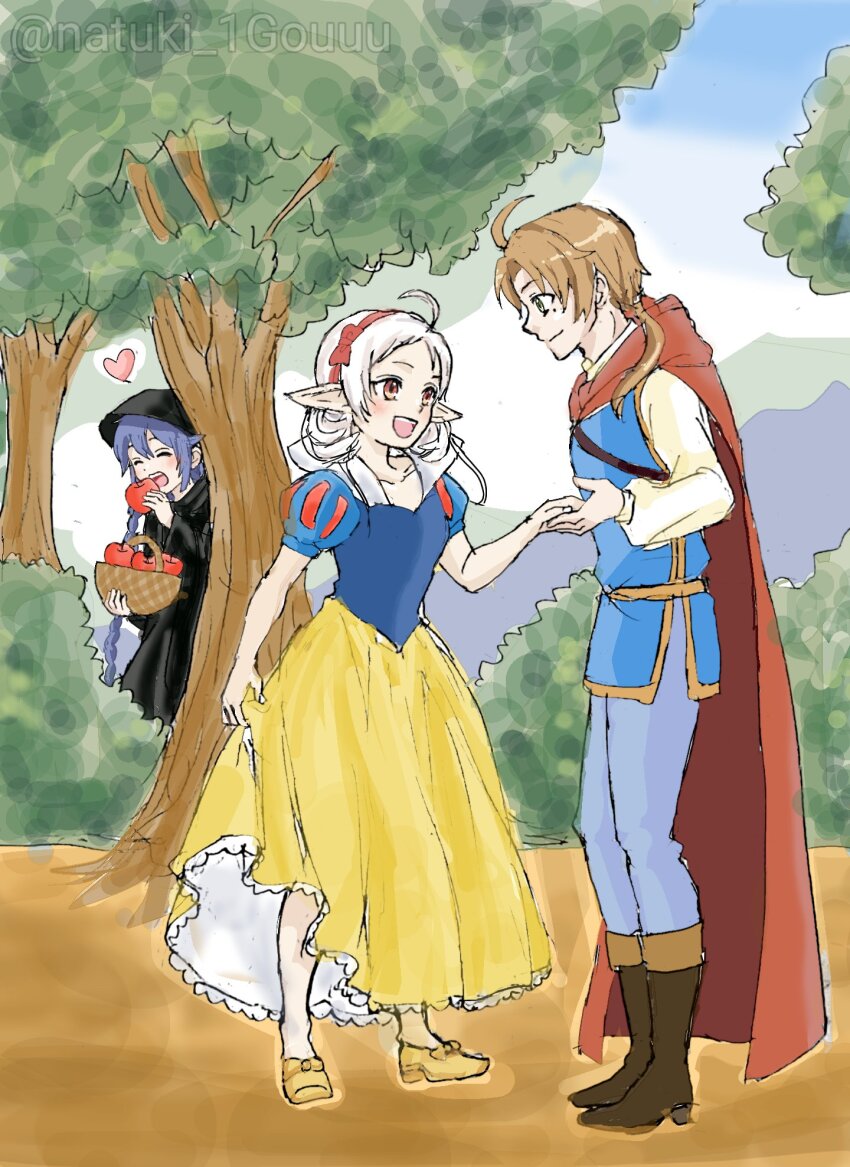 ahoge apple basket black_robe blue_dress blue_hair blue_pants blue_tunic boots braid braided_ponytail brown_footwear brown_hair cape commentary_request cosplay couple day dress elf food fruit green_eyes hairband heart highres holding holding_basket holding_food holding_fruit hood hood_up hooded_robe husband_and_wife medium_hair multicolored_dress mushoku_tensei natuki1gouuu open_mouth outdoors pants pointy_ears ponytail puffy_short_sleeves puffy_sleeves red_cape red_eyes red_hairband robe roxy_migurdia rudeus_greyrat shoes short_sleeves snow_white_(disney) snow_white_(disney)_(cosplay) snow_white_and_the_seven_dwarfs sylphiette_(mushoku_tensei) the_prince_(disney) the_prince_(disney)_(cosplay) tree tunic white_hair yellow_dress yellow_shoes