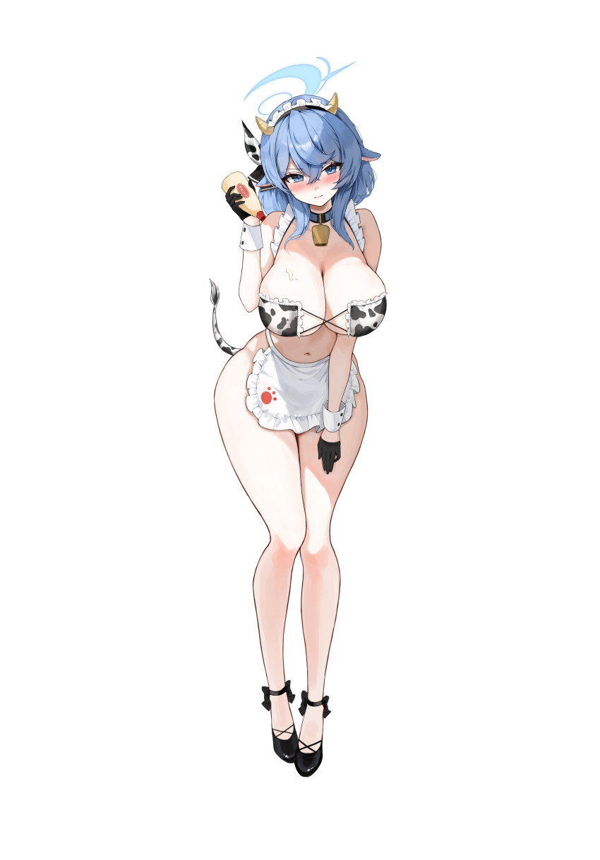 1girl absurdres ako_(blue_archive) animal_ears animal_print ankle_ribbon bare_shoulders bell black_gloves black_shoes blue_archive blue_eyes blue_hair blue_halo blush breasts choker cleavage commentary cow_ears cow_horns cow_print cow_tail cowbell fake_animal_ears food full_body gloves halo highres holding holding_food horns large_breasts leg_ribbon looking_at_viewer maid mayonnaise mayonnaise_bottle medium_hair neck_bell ponya_0000 ribbon shoes simple_background solo standing tail white_background wrist_cuffs