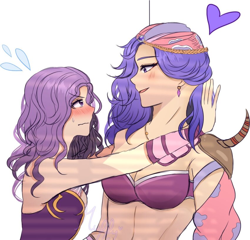 2girls bandana blush bra breasts closed_mouth detached_sleeves dress earrings final_fantasy final_fantasy_ii giggling highres implied_yuri jewelry large_breasts looking_at_another maria_(ff2) muffywaifu multiple_girls purple_bra purple_dress purple_hair purple_sleeves reila shoulder_pads single_detached_sleeve smile strapless strapless_bra teasing underwear upper_body yuri