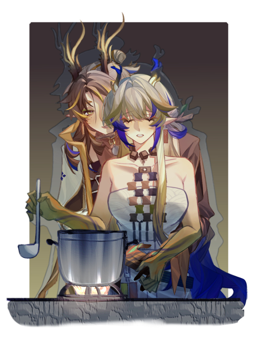 1boy 1girl antlers arknights bare_shoulders behind_another blonde_hair blush brown_hair chinese_commentary closed_eyes collarbone colored_extremities commentary_request cooking dragon_girl dragon_horns earrings embarrassed fire hands_on_another&#039;s_waist haoxiang_shuijiao highres holding holding_ladle horns incest jewelry ji_(arknights) ladle long_hair looking_at_another mole mole_under_eye multicolored_hair necklace off_shoulder pointy_ears purple_hair shu_(arknights) standing strapless streaked_hair tube_top white_hair white_tube_top yellow_eyes
