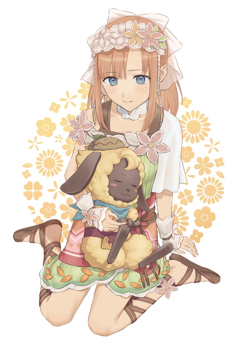 1girl 1other absurdres blue_eyes breasts detached_collar floral_background flower full_body green_shirt head_wreath highres holding_sheep light_smile looking_at_another mice_(rune_factory) orange_hair parted_bangs pink_flower pink_skirt pointy_ears rune_factory sandals shirt sia_(rune_factory) single_sleeve sitting skirt small_breasts tanabe_rf veil white_background white_veil wrist_cuffs yellow_flower