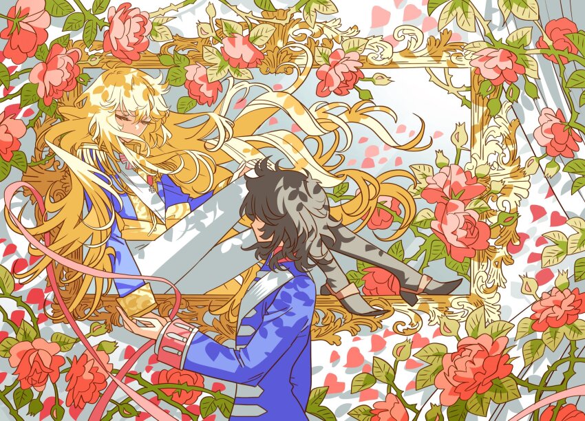 1boy 1girl andre_grandier blonde_hair blue_jacket closed_eyes flower hair_over_mouth highres holding_hands jacket long_hair long_sleeves meremero oscar_francois_de_jarjayes pants pink_flower profile sitting standing versailles_no_bara very_long_hair white_pants