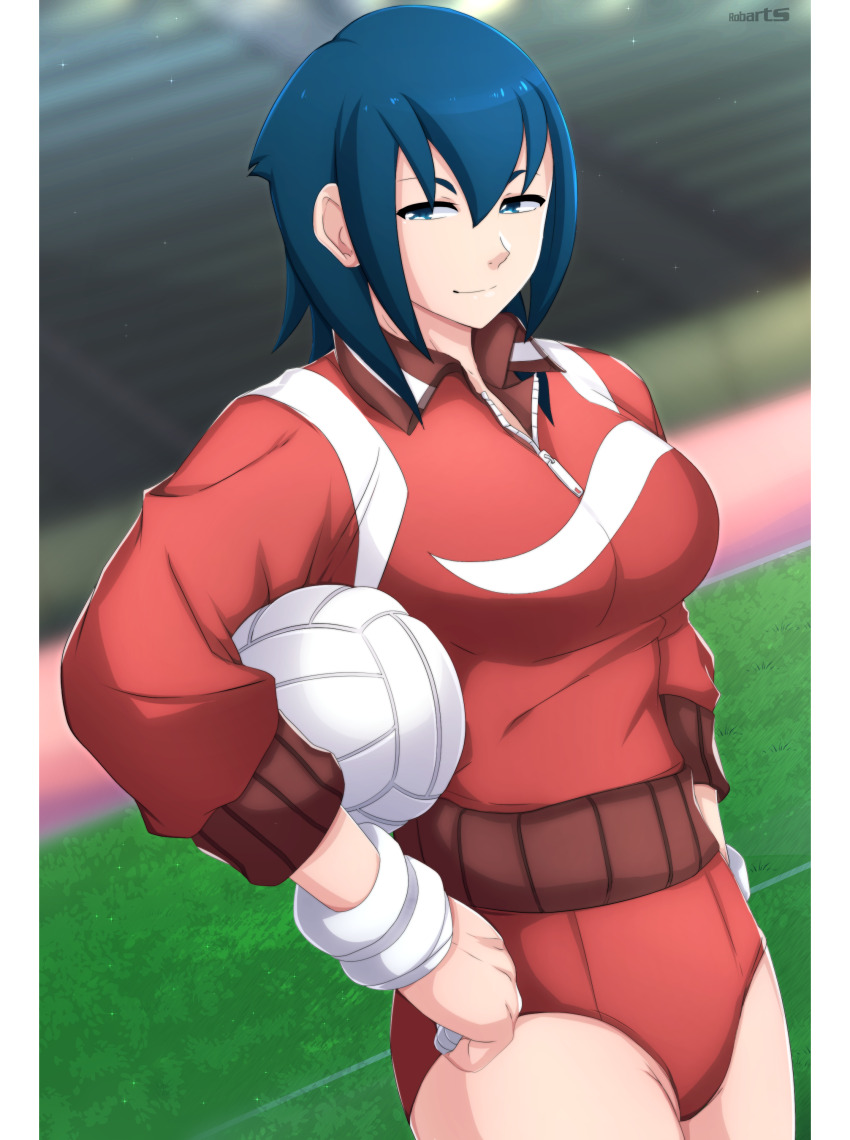 1girl absurdres axasempai ayuhara_natsu ball bandaged_fingers bandages black_hair blue_eyes blue_hair border breasts hair_between_eyes highres holding holding_ball jacket justice_gakuen large_breasts red_jacket red_shorts shiritsu_justice_gakuen short_hair shorts solo stadium upper_body volleyball_(object) white_border