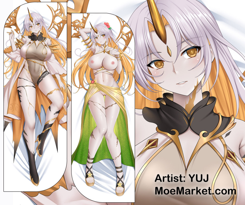 1girl asymmetrical_legwear bare_shoulders blonde_hair breasts dakimakura_(medium) fire_emblem fire_emblem_heroes gold_horns grey_hair gullveig_(fire_emblem) gullveig_(summer)_(fire_emblem) highres horns nintendo pale_skin single_horn yuj_(moemarket)