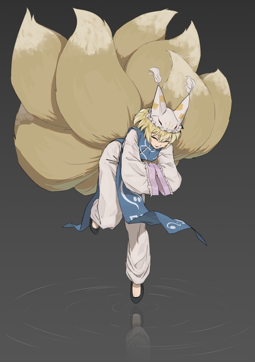 1girl ^_^ animal_hat black_shoes blonde_hair blue_tabard closed_eyes commission fox_girl fox_tail full_body grey_background hands_in_opposite_sleeves hat highres iroiro_yaru_hito kitsune kyuubi long_sleeves mob_cap multiple_tails pants pixiv_commission reflective_floor ripples shirt shoes short_hair standing standing_on_one_leg tabard tail touhou white_hat white_pants white_shirt wide_sleeves yakumo_ran