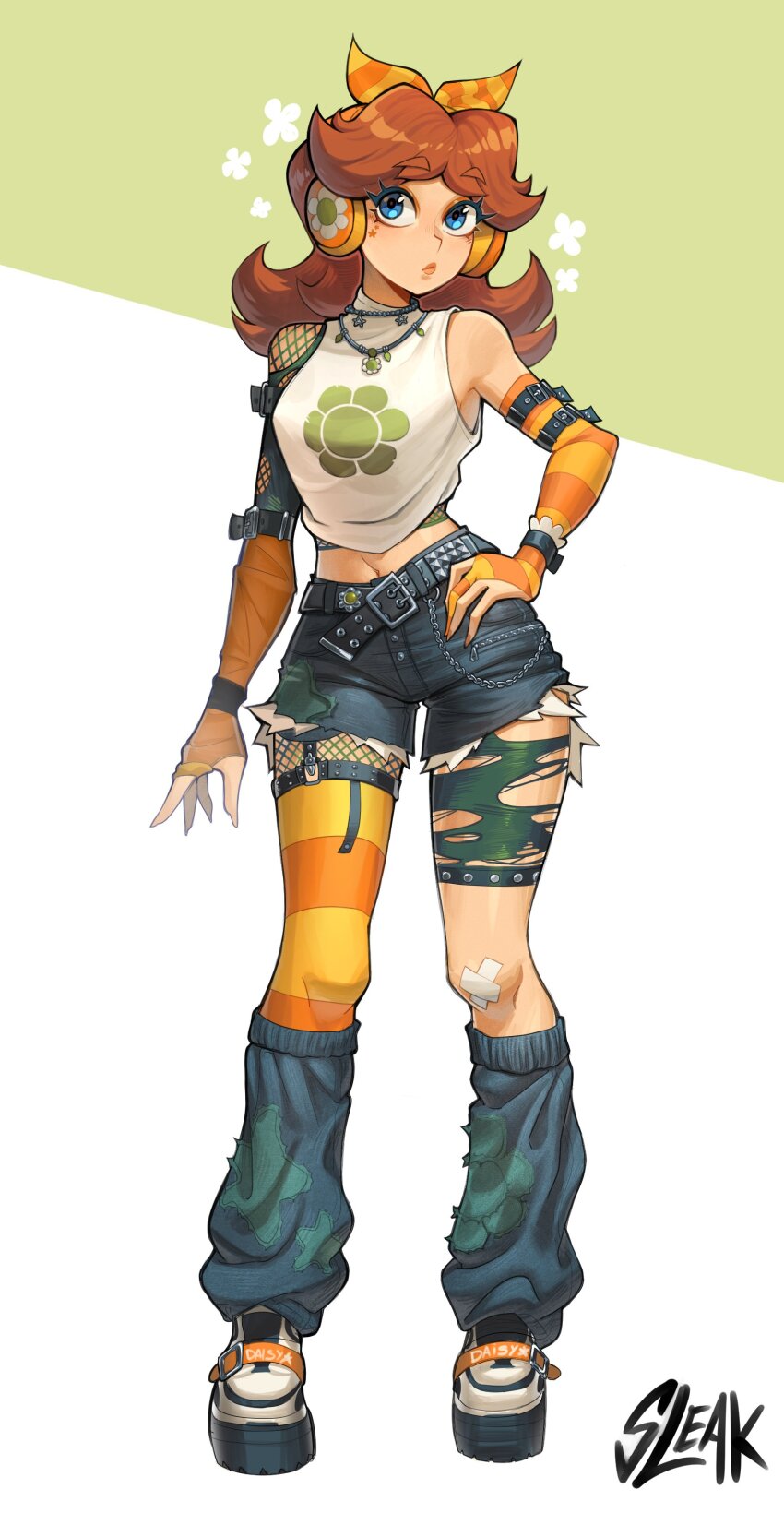 1girl absurdres alternate_costume arm_strap artist_name asymmetrical_legwear asymmetrical_sleeves bandaid bandaid_on_leg bare_shoulders bead_necklace beads belt blue_eyes bow brown_hair chain crop_top denim elbow_gloves fishnet_pantyhose fishnet_sleeves fishnet_top fishnets flower gloves hair_bow hand_on_own_hip headphones highres jewelry leg_warmers long_hair mario_(series) midriff navel necklace nintendo pantyhose princess_daisy short_shorts shorts sleak sticker_on_face studded_belt tank_top uneven_legwear uneven_sleeves