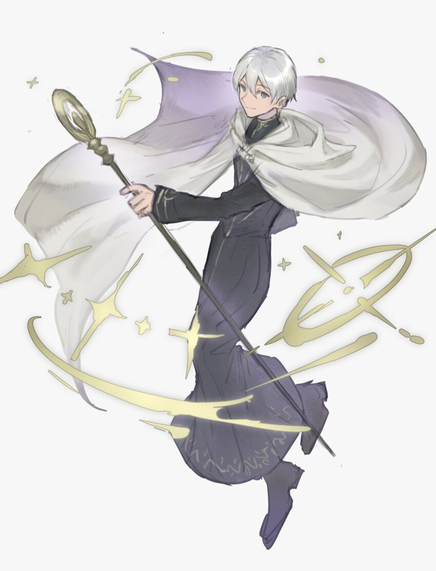1boy black_footwear black_robe blue_eyes cape closed_mouth commentary_request floating_cape floating_clothes fujie_xy full_body hair_between_eyes highres holding holding_staff looking_at_viewer male_focus octopath_traveler octopath_traveler_ii robe simple_background smile solo staff temenos_mistral white_background white_cape white_hair