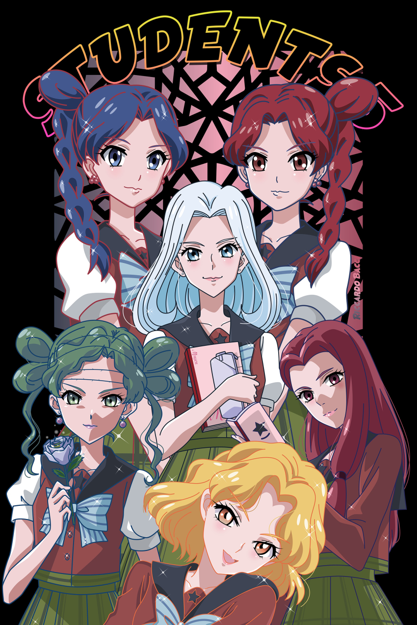 6+girls :3 :d absurdres alternate_costume bishoujo_senshi_sailor_moon bishoujo_senshi_sailor_moon_s blonde_hair blue_eyes blue_hair braid brown_eyes commentary cyprine_(sailor_moon) english_commentary eudial_(sailor_moon) flower graphite_(medium) green_eyes green_hair green_skirt head_tilt highres long_hair looking_at_viewer mimete_(sailor_moon) multiple_girls notebook open_mouth pleated_skirt ptilol_(sailor_moon) red_eyes red_hair riccardo_bacci rose school_uniform serafuku short_hair side_braid side_ponytail silver_hair skirt smile tellu_(sailor_moon) traditional_media viluy_(sailor_moon) witches_5