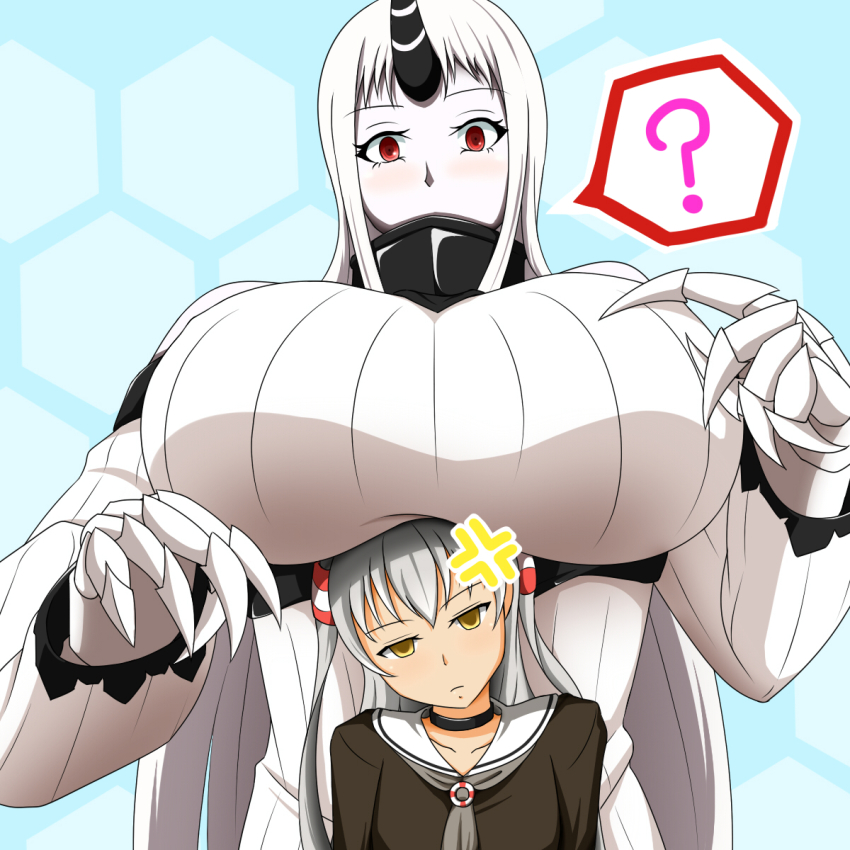 10s 2girls ? abyssal_ship amatsukaze_(kancolle) anger_vein angry bad_id bad_pixiv_id black_neckwear breast_envy breast_focus breast_rest breasts breasts_on_head brown_dress choker claws closed_mouth colored_skin detached_sleeves dress gigantic_breasts hair_ornament hair_tubes height_difference highres horns kantai_collection lactone lifebuoy long_hair long_sleeves multiple_girls pale_skin red_eyes ribbed_dress ribbed_sweater sailor_collar sailor_dress seaport_princess single_horn spoken_question_mark standing striped sweater sweater_dress swim_ring very_long_hair white_dress white_hair white_skin yellow_eyes