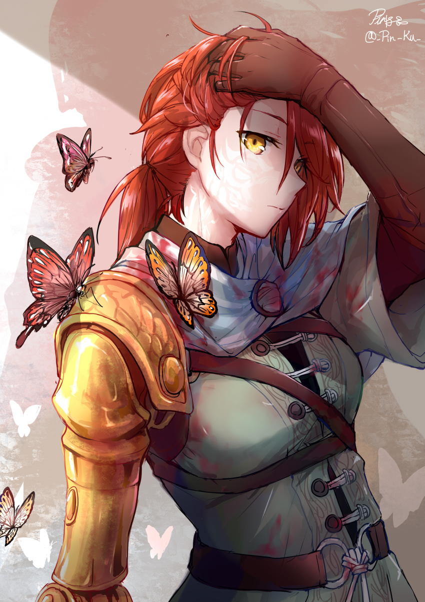1girl absurdres amputee brown_gloves bug butterfly capelet cloak closed_mouth dress elden_ring gloves highres insect looking_at_viewer malenia_blade_of_miquella mechanical_arms millicent_(elden_ring) pin.s ponytail prosthesis prosthetic_arm red_hair scar short_hair short_ponytail simple_background single_mechanical_arm solo white_background yellow_eyes