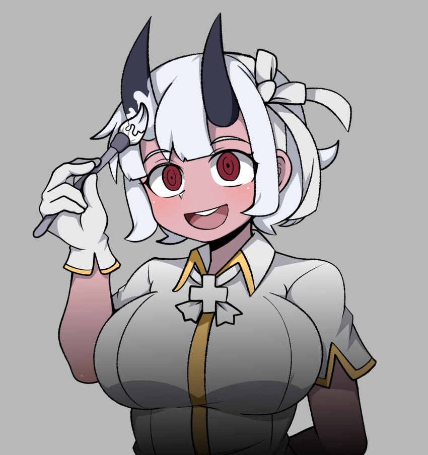 1girl :d arm_behind_back azazel_(helltaker) black_horns blush breasts commentary_request demon_girl gloves grey_background hair_ribbon hand_up helltaker highres holding hollyeung horns large_breasts looking_at_viewer open_mouth paintbrush red_eyes ribbon shirt short_hair short_sleeves smile solo teeth upper_body upper_teeth_only white_gloves white_paint white_ribbon
