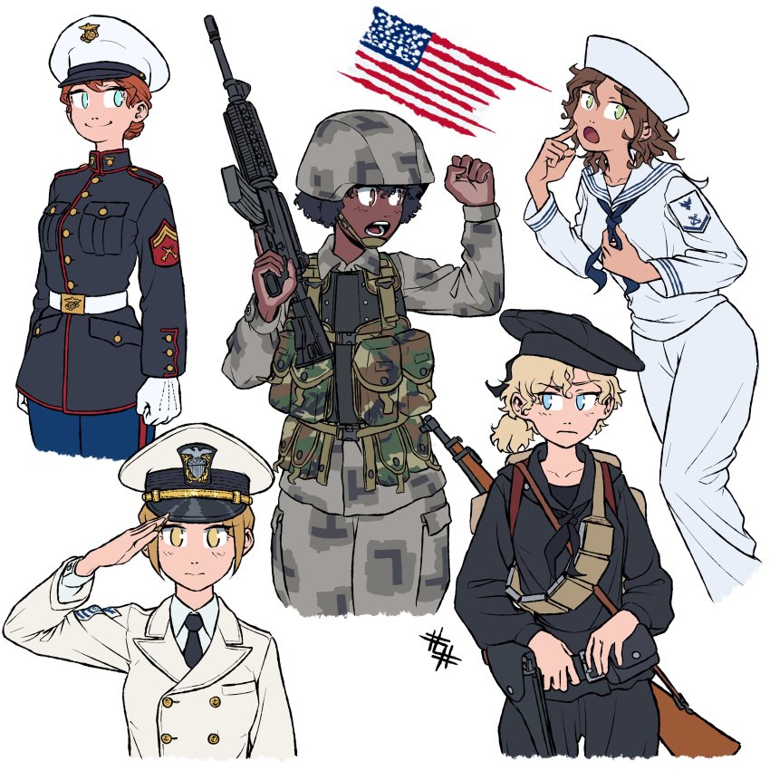 5girls absurdres american_flag ammunition_pouch arms_at_sides assault_rifle bandolier belt black_hair blonde_hair breast_pocket brown_hair buckle buttoned_cuffs buttons combat_helmet dark-skinned_female dark_skin gun gun_sling hat helmet highres holster holstered jacket load_bearing_equipment military military_combat_uniform military_dress_uniform military_fatigues military_jacket military_uniform multiple_girls naval_dress_uniform naval_uniform naval_working_uniform original ostwindprojekt peaked_cap pocket pouch red_hair rifle salute simple_background snap-fit_buckle united_states united_states_army united_states_marine_corps united_states_navy weapon weapon_on_back weapon_request