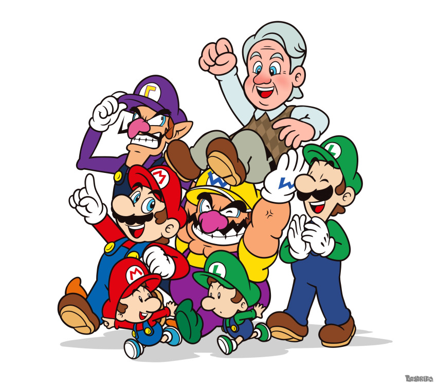 7boys baby_luigi baby_mario carrying charles_martinet elcajarito facial_hair gloves grey_hair hat highres luigi mario mario_(series) mustache nintendo on_model overalls shirt shoes vest voice_actor walking waluigi wario