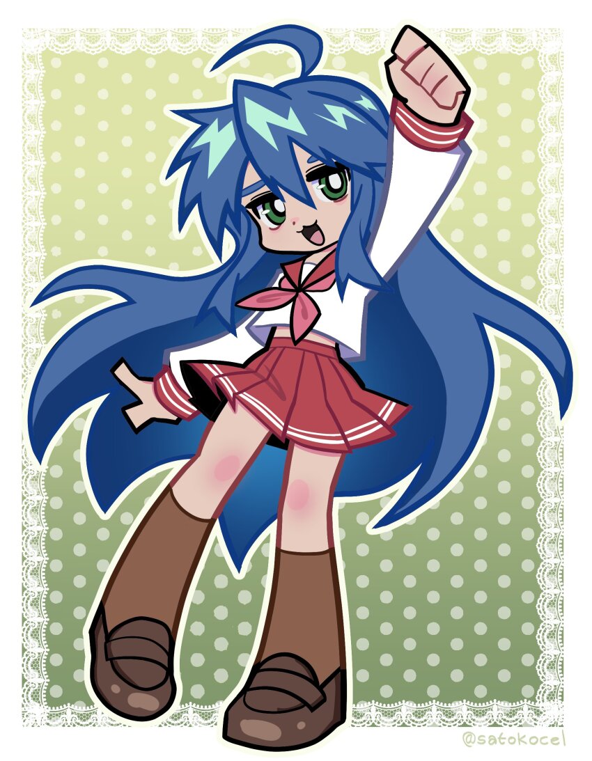 1girl :3 :d absurdres ahoge arm_up artist_name blue_hair border brown_shoes brown_socks clenched_hand deformed full_body green_background green_eyes hair_between_eyes highres izumi_konata kneehighs lace lace_border loafers long_hair long_sleeves looking_at_viewer lucky_star neckerchief open_mouth ornate_border outline pink_neckerchief polka_dot polka_dot_background red_skirt ryouou_school_uniform satokocel school_uniform shirt shoes sidelocks skirt smile socks solo twitter_username very_long_hair white_border white_outline white_shirt