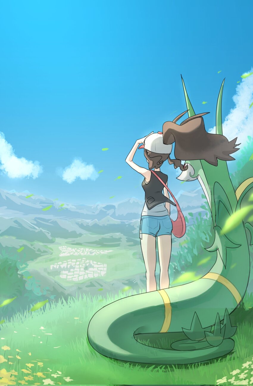1girl arm_up asamaru1225 bag black_vest blue_shorts cloud day falling_leaves flower gen_5_pokemon grass hat highres hilda_(pokemon) leaf nintendo outdoors pink_bag pokemon pokemon_(creature) pokemon_bw serperior shirt short_shorts shorts shoulder_bag sky sleeveless sleeveless_shirt standing vest white_hat