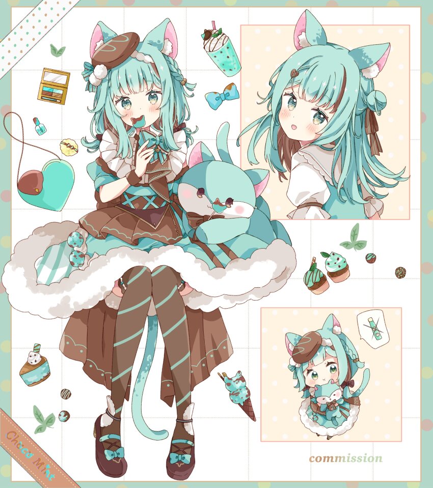 1girl absurdres animal_ear_fluff animal_ears blunt_bangs blush border borrowed_character bow bowtie brown_shoes brown_thighhighs candy cat_ears cat_girl cat_tail chibi closed_mouth commentary commission cup cupcake dress food full_body fur-trimmed_dress fur_trim green_border green_bow green_bowtie green_dress green_eyes green_hair highres holding holding_candy holding_food holding_lollipop leaf lollipop long_hair looking_at_viewer milkshake mint_chocolate multiple_views open_mouth original outside_border shoes short_sleeves skeb_commission smile standing striped_clothes striped_thighhighs tail thighhighs tsukiyo_(skymint) white_background