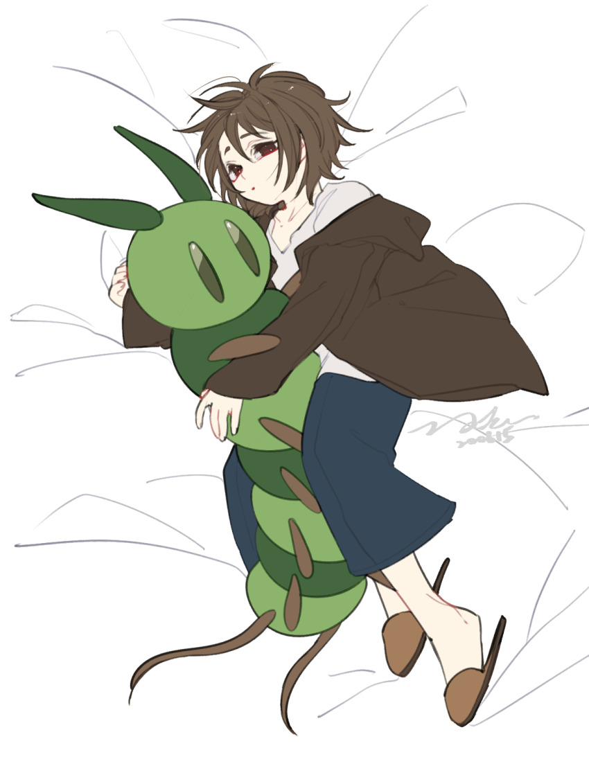 1boy blue_pants brown_hair brown_jacket brown_slippers commentary_request highres holding holding_stuffed_toy isoi_haruki jacket male_focus off_shoulder on_bed open_clothes open_jacket pants parted_lips red_eyes saibou_shinkyoku shirt short_hair slippers solo stuffed_animal stuffed_toy white_shirt yokuhaku