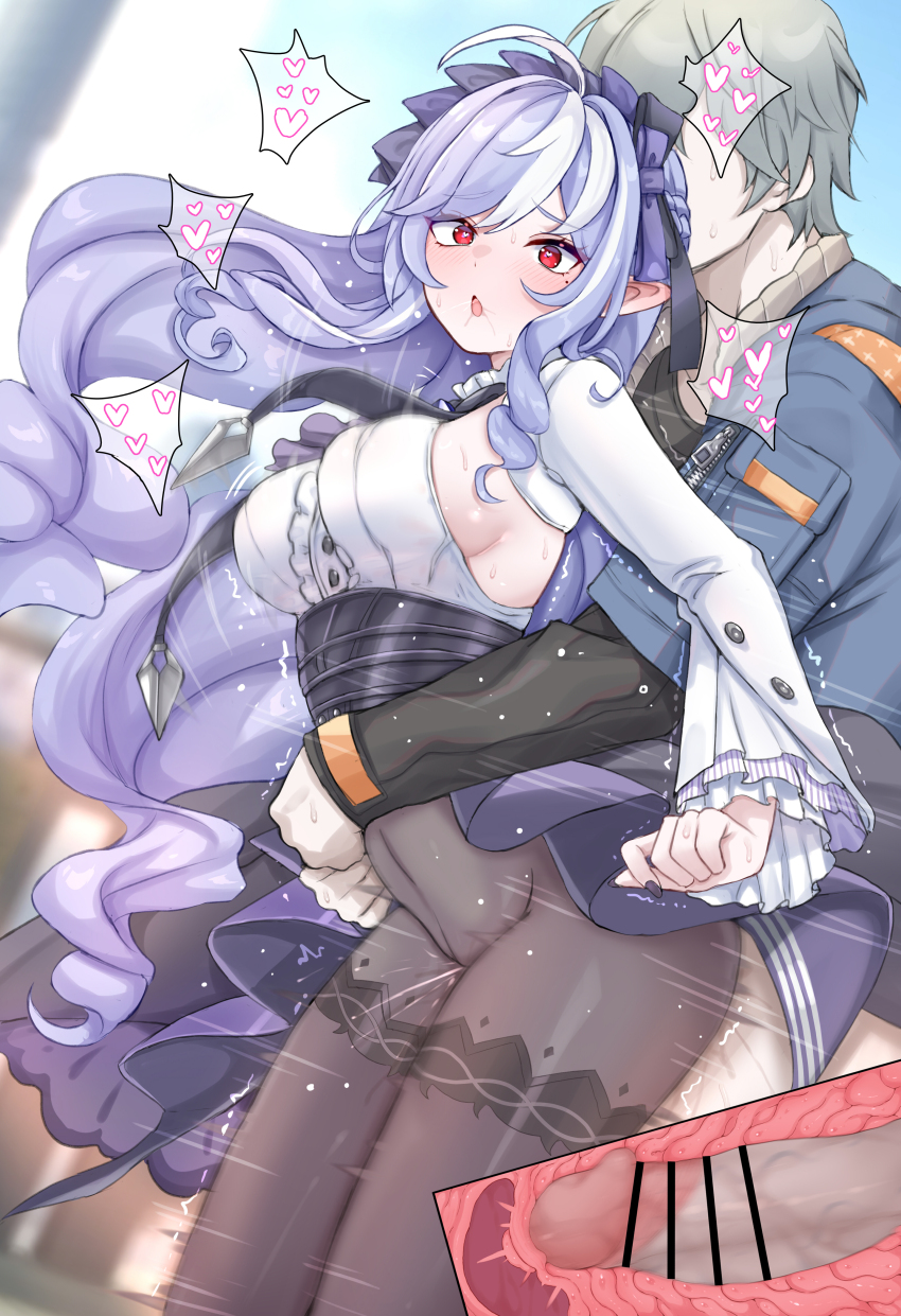 1boy 1girl absurdres ahoge bar_censor black_pantyhose black_shirt blue_jacket blue_sky blush bow breasts censored center_frills clothed_sex commentary couple cross-section daram_(shappydude) day denim denim_jacket dress frills grey_hair hair_bow heart heart_in_eye hetero high-waist_skirt highres hug hug_from_behind jacket large_breasts large_variant_set long_sleeves looking_at_viewer mole mole_under_eye multicolored_hair open_mouth outdoors pantyhose patterned_legwear penis pointy_ears purple_bow purple_eyes purple_hair purple_skirt red_eyes revision sex sex_from_behind shirt short_hair showgirl_skirt sideboob skirt sky streaked_hair symbol_in_eye teeth two-tone_hair underbust upper_teeth_only variant_set vivian_banshee white_hair white_shirt wise_(zenless_zone_zero) zenless_zone_zero
