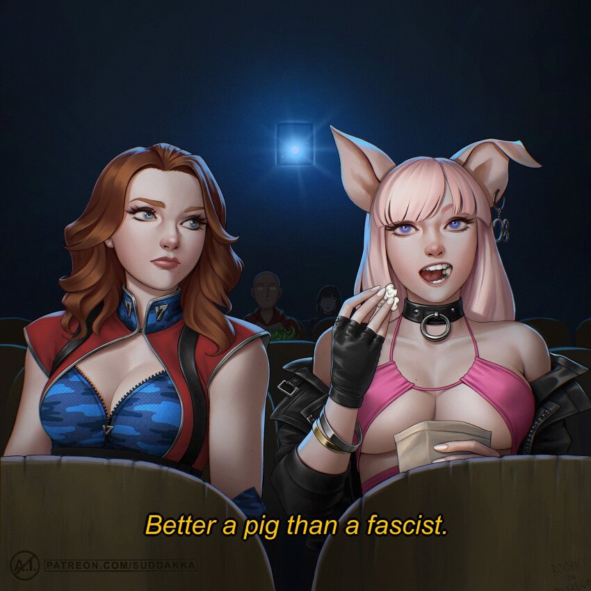 2girls animal_ears black_choker black_gloves black_jacket blue_eyes bracelet breasts brown_hair choker ear_piercing eating fingerless_gloves firecracker_(the_boys) food fubuki_(one-punch_man) gloves highres implied_fellatio indoors jacket jewelry kurenai_no_buta large_breasts long_hair multiple_girls off_shoulder one-punch_man piercing pig_ears pig_girl pink_hair popcorn rose_(zaiyuki) saitama_(one-punch_man) scene_reference sleeveless suddakka tan tanline tatsumaki the_boys underboob upper_body white_nails zaiyuki zipper