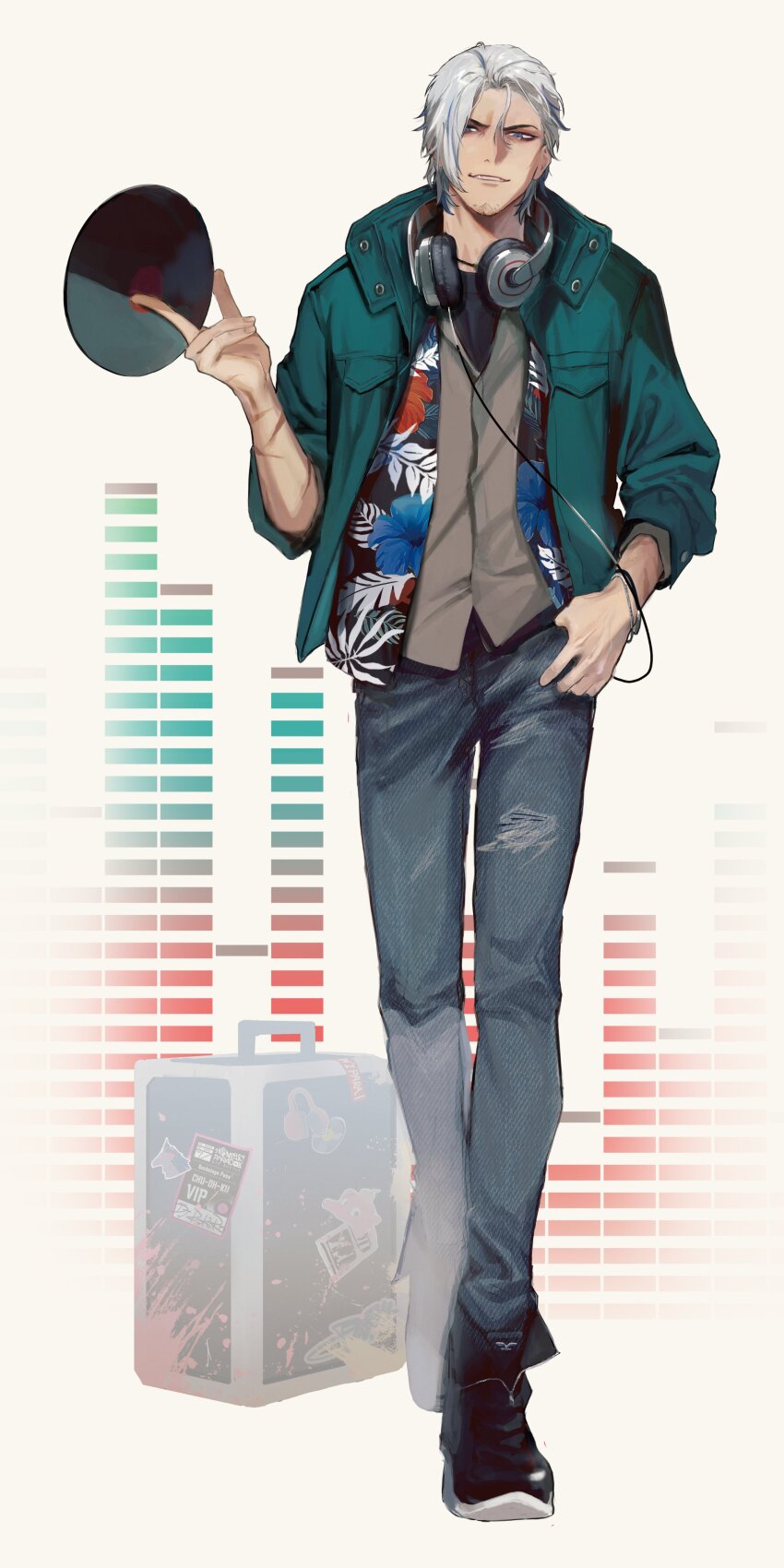 1boy absurdres asymmetrical_hair beard_stubble black_boots boots bracelet breast_pocket costume_request denim doudantsutsuji_rokuro facial_hair green_jacket headphones headphones_around_neck highres hypnosis_mic hypnosis_mic:_alternative_rap_battle jacket jeans jewelry layered_shirt looking_at_viewer male_focus mature_eyes mature_male mpd13_0 multiple_bracelets pants pocket scar scar_on_arm smirk solo stubble tagme thumb_in_pocket torn_clothes torn_pants vinyl_record white_background white_hair