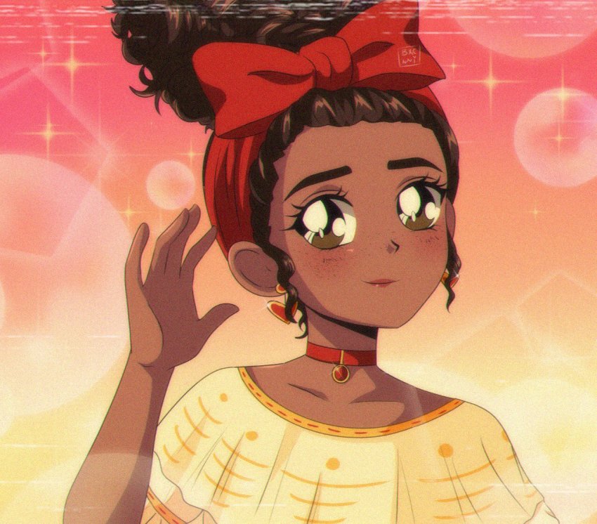 1990s_(style) 1girl afro animification bare_shoulders blurry bokeh bow brenni_murasaki brown_eyes brown_hair choker curly_hair dark-skinned_female dark_skin depth_of_field disney dolores_madrigal earrings encanto gradient_background hair_bow hand_up headband heart heart_earrings jewelry red_bow red_lips retro_artstyle shirt solo sparkle yellow_shirt