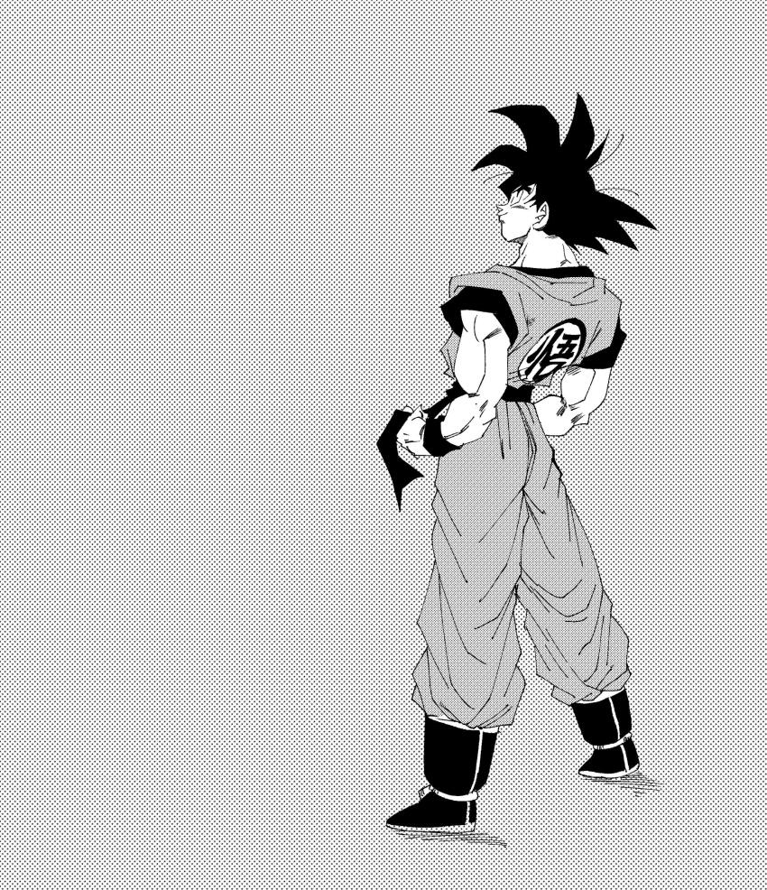 1boy absurdres boots dougi dragon_ball dragonball_z fenyon from_behind full_body greyscale halftone highres looking_up male_focus medium_hair monochrome sash simple_background solo son_goku spiked_hair white_background