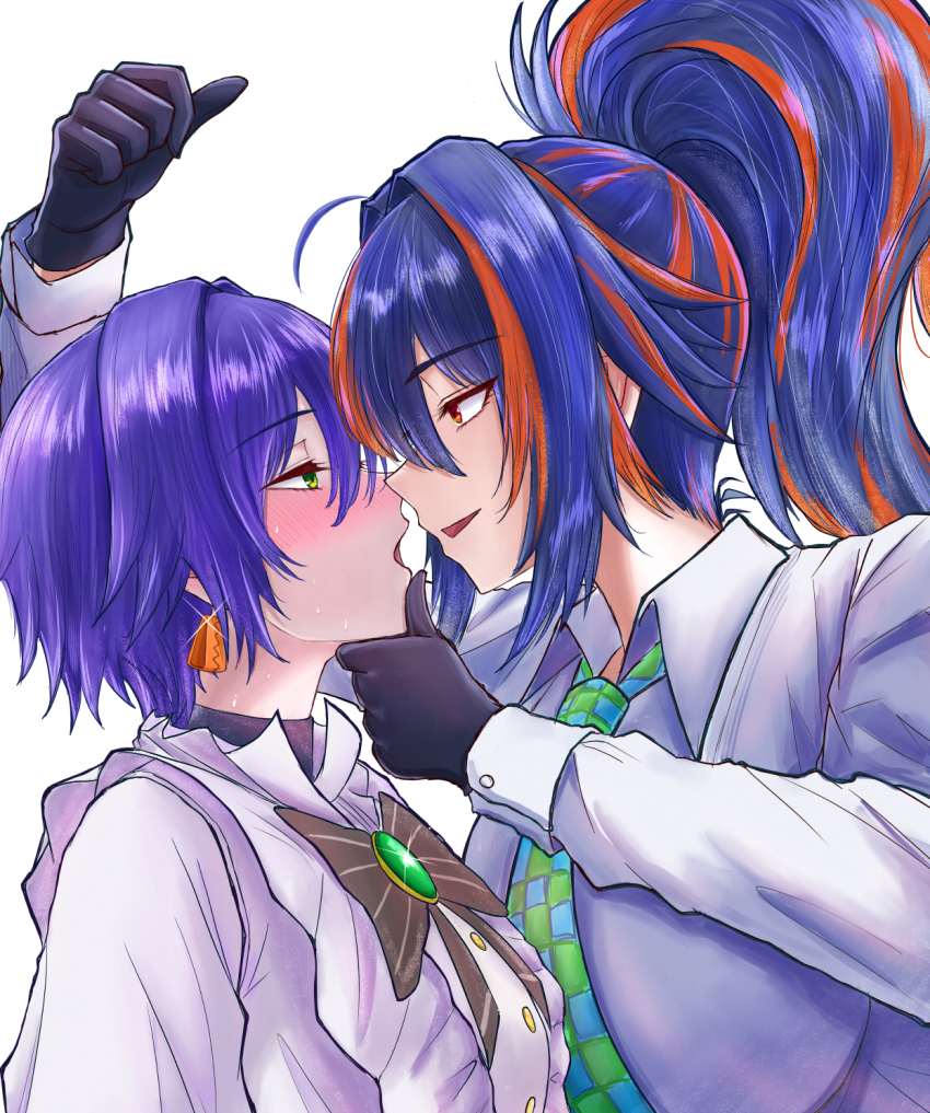 2girls belle_(zenless_zone_zero) black_gloves blush breasts center_frills checkered_necktie collared_shirt earrings face-to-face frills gloves green_eyes hair_intakes highres jewelry large_breasts miyabidai multicolored_hair multiple_girls necktie open_mouth ponytail red_eyes red_hair shirt short_hair simple_background streaked_hair upper_body white_background white_shirt yuri zenless_zone_zero zhu_yuan