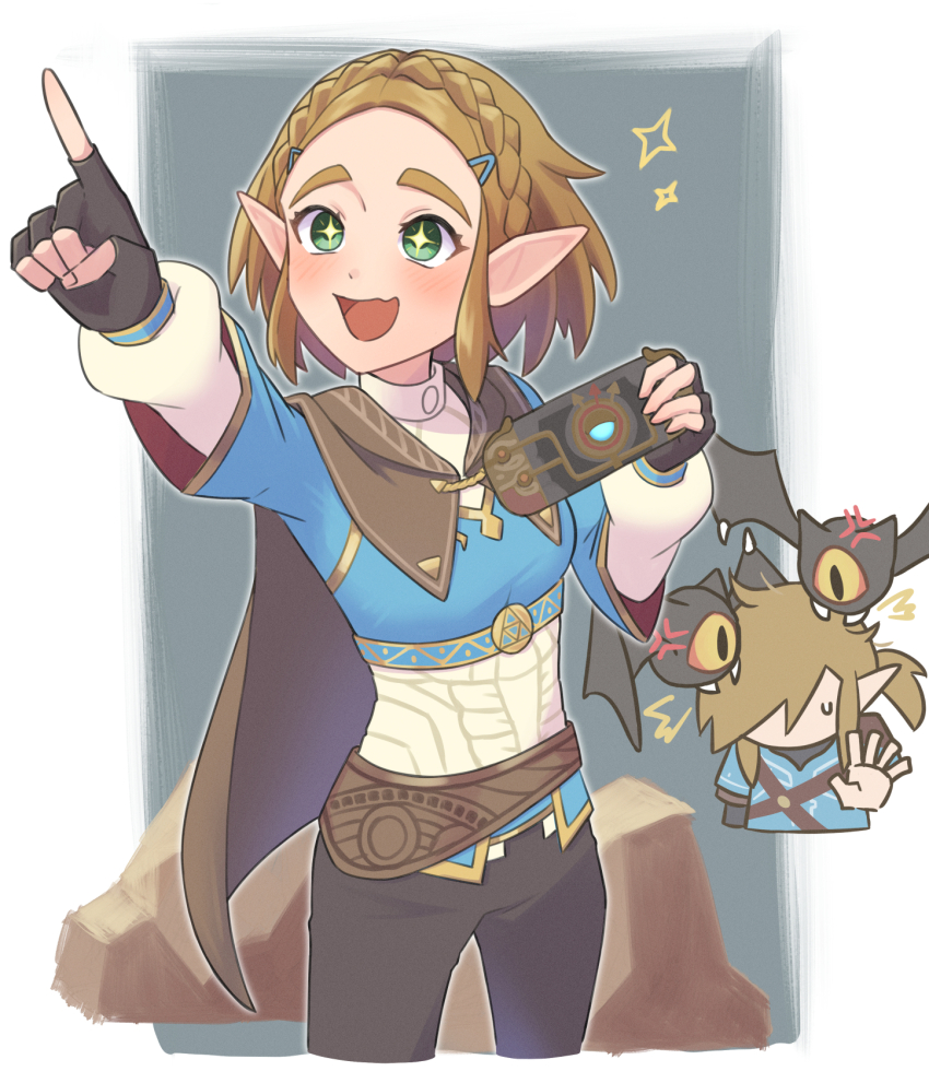 1boy 1girl anger_vein belt black_cape black_gloves black_pants blonde_hair blue_shirt braid brown_belt cape champion&#039;s_tunic_(zelda) commentary crown_braid fingerless_gloves gloves green_eyes hair_ornament hairclip highres keese link looking_up monster nintendo open_mouth pants pointy_ears ponytail princess_zelda purah_pad shinna_(user_zfuz4288) shirt short_hair sidelocks standing star-shaped_pupils star_(symbol) symbol-shaped_pupils the_legend_of_zelda the_legend_of_zelda:_tears_of_the_kingdom