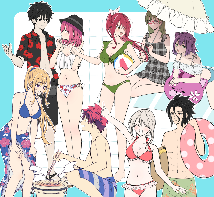 3boys 6+girls :d :o absurdres akanegakubo_momo alternate_costume alternate_hairstyle anger_vein animal_print arato_hisako arm_up bag ball bare_shoulders barefoot beachball bikini black_hair black_hat black_male_swimwear black_shirt blonde_hair blue_bikini blue_scrunchie bow breasts brown_hair cat_print cleavage collarbone collared_shirt detached_sleeves double_bun dress eye_contact floral_print food frilled_bikini frills full_body glasses green_background green_bikini grey_dress grid_background grill grin hair_between_eyes hair_bow hair_bun hair_ornament hair_scrunchie hands_up hat highres holding holding_swim_ring index_finger_raised innertube kinokuni_nene kobayashi_rindou kurokiba_ryou large_breasts long_hair looking_at_another male_swimwear multiple_boys multiple_girls nakiri_alice nakiri_asahi nakiri_erina navel open_clothes open_mouth open_shirt orange_male_swimwear plaid_clothes plaid_dress ponytail profile purple_eyes red_bikini red_bow red_eyes red_hair red_shirt sandals scrunchie shirt shokugeki_no_souma short_hair sitting smile squatting standing stomach striped_male_swimwear sweatdrop swim_ring swimsuit teeth toy-black umbrella white_background white_bikini yellow_background yukihira_souma