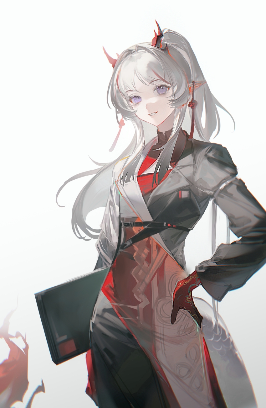 1girl absurdres arknights chinese_commentary chunbuchou coat colored_skin commentary_request cowboy_shot dragon_tail earrings folder gradient_background hand_on_own_wrist highres holding holding_folder horns jewelry lapels long_hair looking_at_viewer multicolored_coat nian_(arknights) notched_lapels parted_bangs parted_lips pointy_ears ponytail purple_eyes scales simple_background smile solo split-color_clothes tail tassel tassel_earrings two-tone_coat underbust white_background white_hair