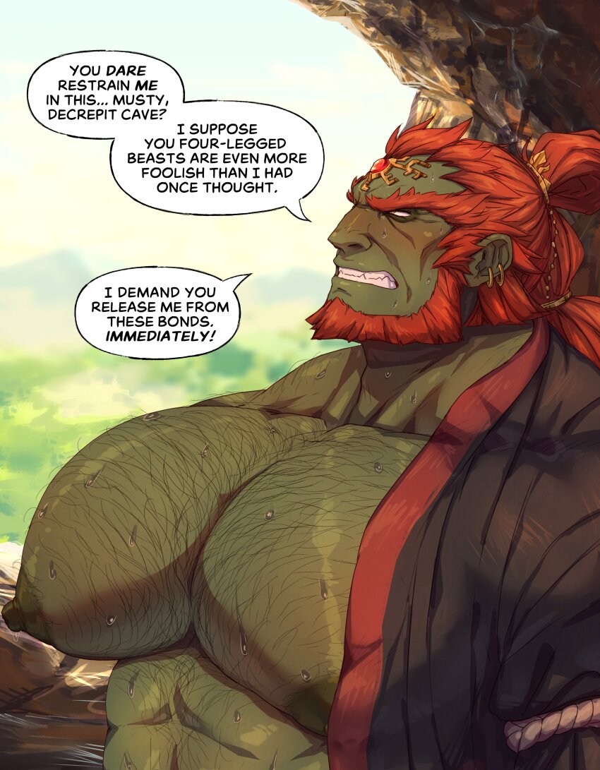 1boy absurdres alternate_pectoral_size bara beard blush chest_hair colored_skin commentary ear_piercing english_commentary english_text facial_hair ganondorf ghangaji green_skin highres huge_pectorals large_areolae long_hair male_focus mature_male muscular muscular_male nintendo nipples pectorals piercing puffy_chest red_hair solo speech_bubble sweat the_legend_of_zelda the_legend_of_zelda:_tears_of_the_kingdom variant_set veins