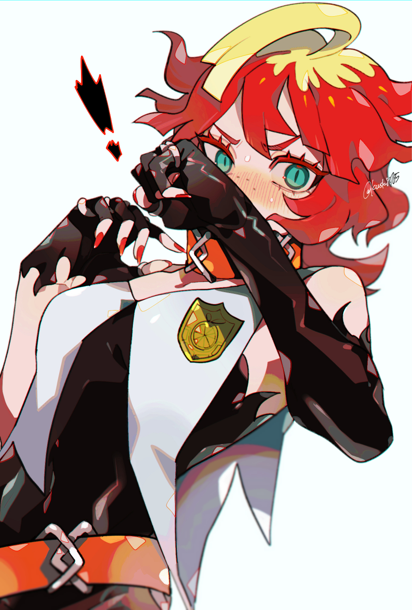 ! 1girl ahoge belt blonde_hair blush colored_eyelashes commentary_request fingerless_gloves freckles gloves green_eyes hands_up highres kawasaki_(kwsk_8765) looking_at_viewer mela_(pokemon) multicolored_hair nail_polish nintendo orange_belt orange_nails pokemon pokemon_sv red_hair shirt simple_background solo sweat two-tone_hair vest white_background white_vest