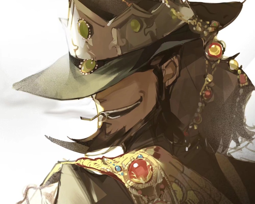 1boy beard black_hat black_jacket chinese_commentary cigarette commentary_request covered_eyes crown facial_hair gem grin hair_behind_ear hat highres jacket jewelry jigen_daisuke looking_back lupin_iii male_focus moxom open_mouth red_gemstone simple_background smile smoke smoke_trail smoking teeth upper_body white_background yellow_gemstone
