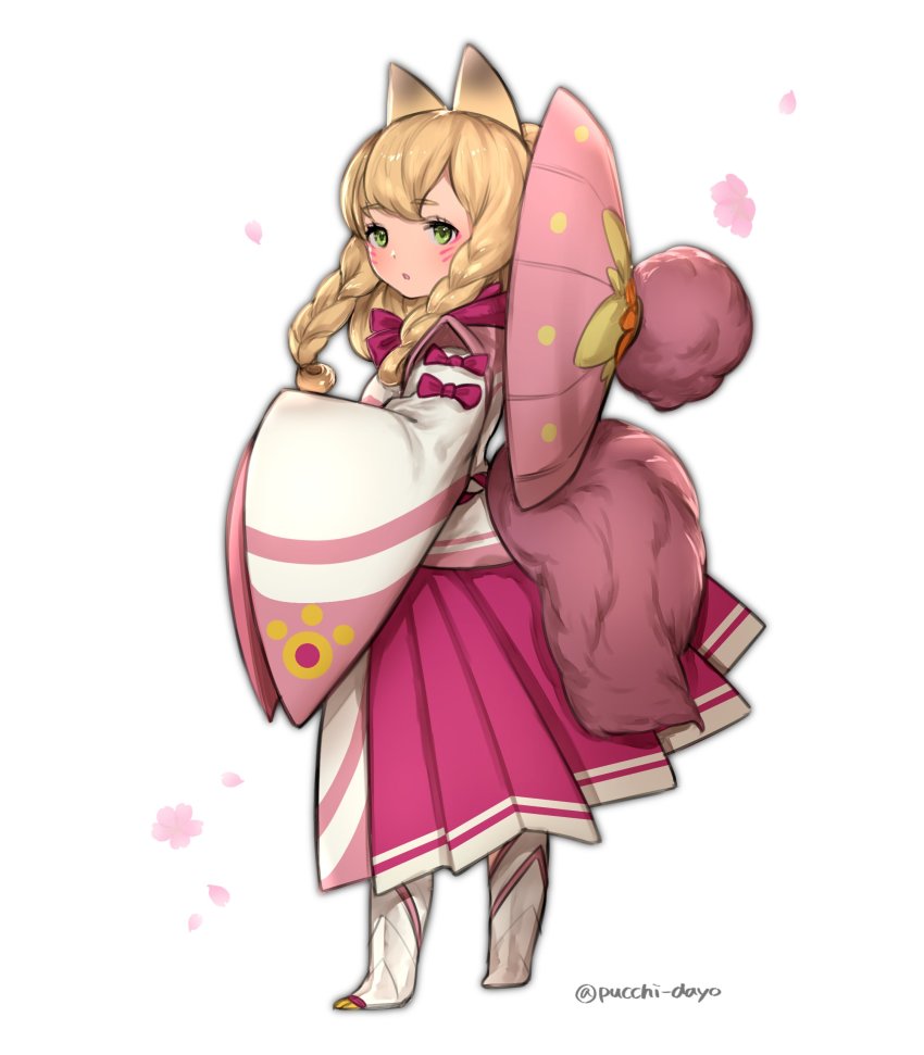 1girl absurdres animal_ears blonde_hair bow braid cat_ears cherry_blossoms flower full_body green_eyes highres legs_apart long_hair long_sleeves meowstress monster_hunter_(series) monster_hunter_x petals pink_flower puchiman purple_bow simple_background sleeve_bow solo standing twin_braids twitter_username white_background white_footwear wide_sleeves