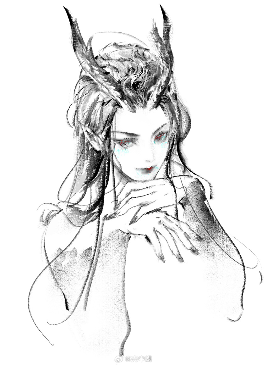 1girl ao_run_(nezha_zhi_motong_jiangshi) dragon_girl dragon_horns greyscale highres horns long_hair looking_at_viewer monochrome nezha_zhi_motong_jiangshi sasora solo very_long_hair