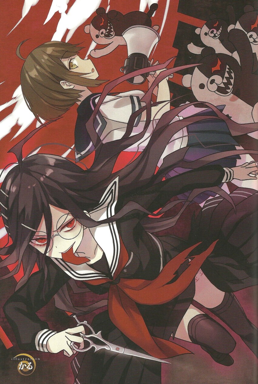 2girls absurdres arms_up artist_request black_serafuku black_shirt black_skirt blue_sailor_collar blue_skirt cloud danganronpa_(series) danganronpa_another_episode:_ultra_despair_girls eyelashes fukawa_toko genocider_shou glasses hair_ornament hairclip highres holding holding_megaphone holding_scissors long_hair long_sleeves long_tongue megaphone monokuma multiple_girls naegi_komaru neckerchief official_art open_mouth purple_hair red_eyes red_neckerchief red_sky round_eyewear sailor_collar scan school_uniform scissors serafuku sharp_teeth shirt short_hair short_sleeves skirt sky teeth third-party_source tongue tongue_out torn_clothes torn_neckerchief torn_skirt white_sailor_collar white_shirt