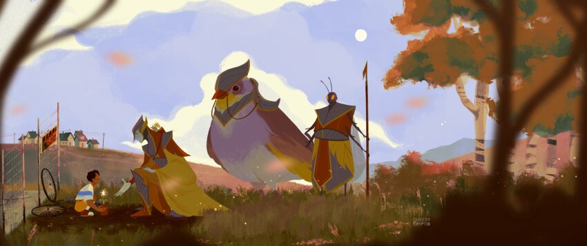 1boy 1girl animal armor bird blue_sky bug building cheesy_cryptid cloud day fantasy fence field grass highres nature original outdoors oversized_animal procreate_(medium) profile saddle scenery sky tree village wheel wings