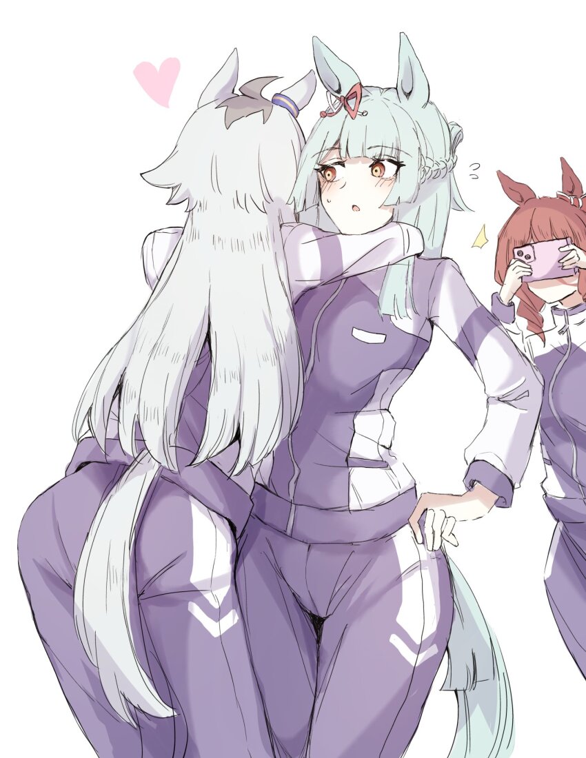 ahoge animal_ears blush bow cellphone commentary_request ear_bow ear_ornament fujimasa_march_(umamusume) grey_hair grey_tail hair_between_eyes hair_ornament hairband highres holding horse_ears horse_girl horse_tail kasamatsu_tracen_school_uniform kasamatsu_tracen_training_uniform long_hair long_sleeves multicolored_hair multiple_girls norn_ace_(umamusume) oguri_cap_(umamusume) open_mouth phone rikarudo010 school_uniform shirt smartphone tail taking_picture umamusume umamusume:_cinderella_gray