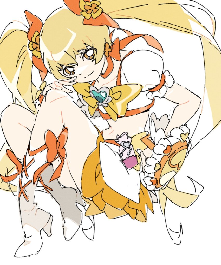 1girl blonde_hair boots bow brooch choker cure_sunshine full_body ginjiro_(ginjiroxx) hand_up heart heart_brooch heartcatch_precure! high_heel_boots high_heels highres jewelry knees_up long_hair magical_girl midriff myoudouin_itsuki navel orange_bow orange_choker orange_skirt precure puffy_short_sleeves puffy_sleeves short_sleeves sitting skirt smile solo twintails white_boots wrist_cuffs yellow_bow yellow_eyes