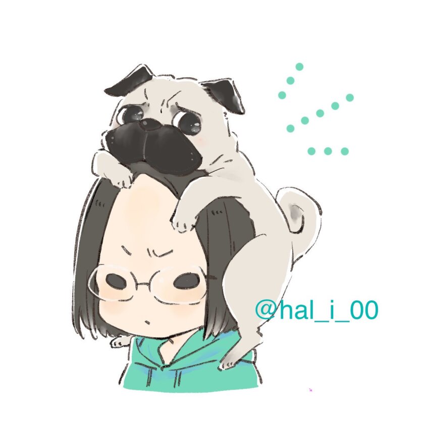 1girl animal animal_on_head black_hair commentary_request cropped_shoulders dog glasses green_hoodie highres hood hoodie iizuka_haruko on_head original parted_bangs pug self-portrait short_hair simple_background solid_oval_eyes solo twitter_username v-shaped_eyebrows white_background