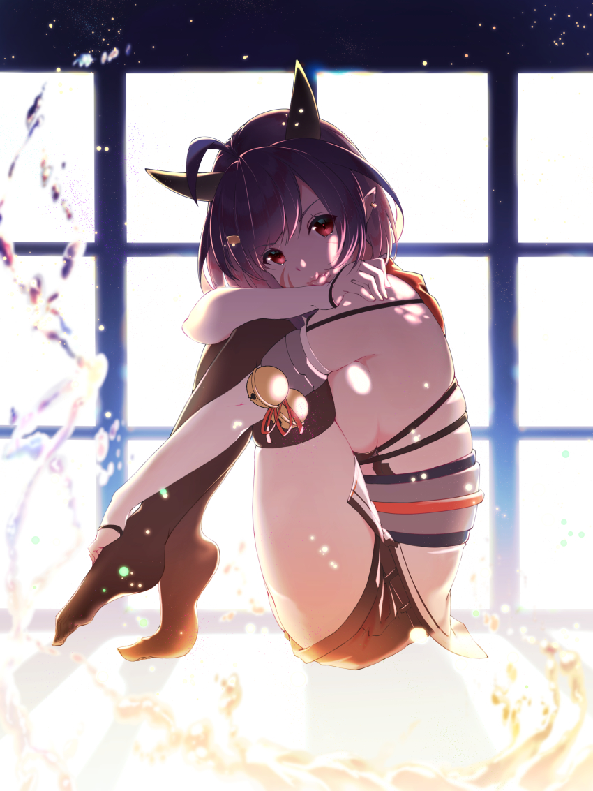 1girl absurdres abukuma_(azur_lane) abukuma_(retrofit)_(azur_lane) ahoge azur_lane bare_shoulders bell belt blurry blurry_background breast_press breasts brown_belt brown_shorts brown_thighhighs closed_mouth commentary_request day depth_of_field ear_piercing facial_mark female_focus from_side hair_ornament hairclip head_tilt highres horns jingle_bell looking_at_viewer looking_to_the_side medium_breasts no_shoes piercing pointy_ears red_eyes red_ribbon ribbon short_shorts shorts skindentation solo sunlight thighhighs v-shaped_eyebrows when_you_see_it window yople_star_man