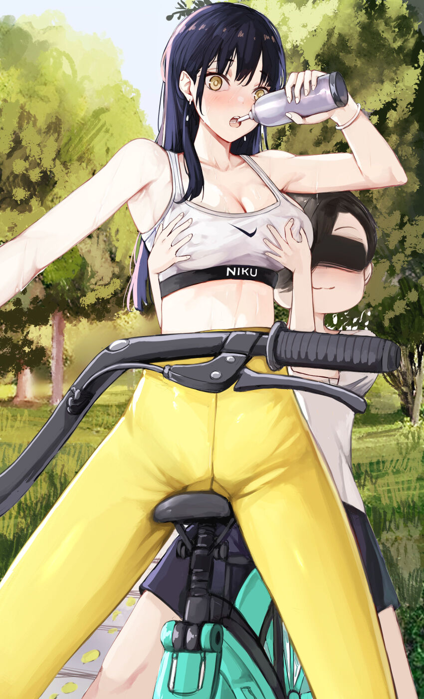 1boy 1girl absurdres bare_arms bare_shoulders black_hair boku_no_kokoro_no_yabai_yatsu breasts character_request cleavage crop_top grabbing_another&#039;s_breast grabbing_from_behind groping highres holding ichikawa_kyoutarou large_breasts leggings long_hair looking_at_viewer midriff nui_gurumi open_mouth outdoors pants sports_bra stomach tree very_long_hair yamada_anna yellow_eyes yellow_pants