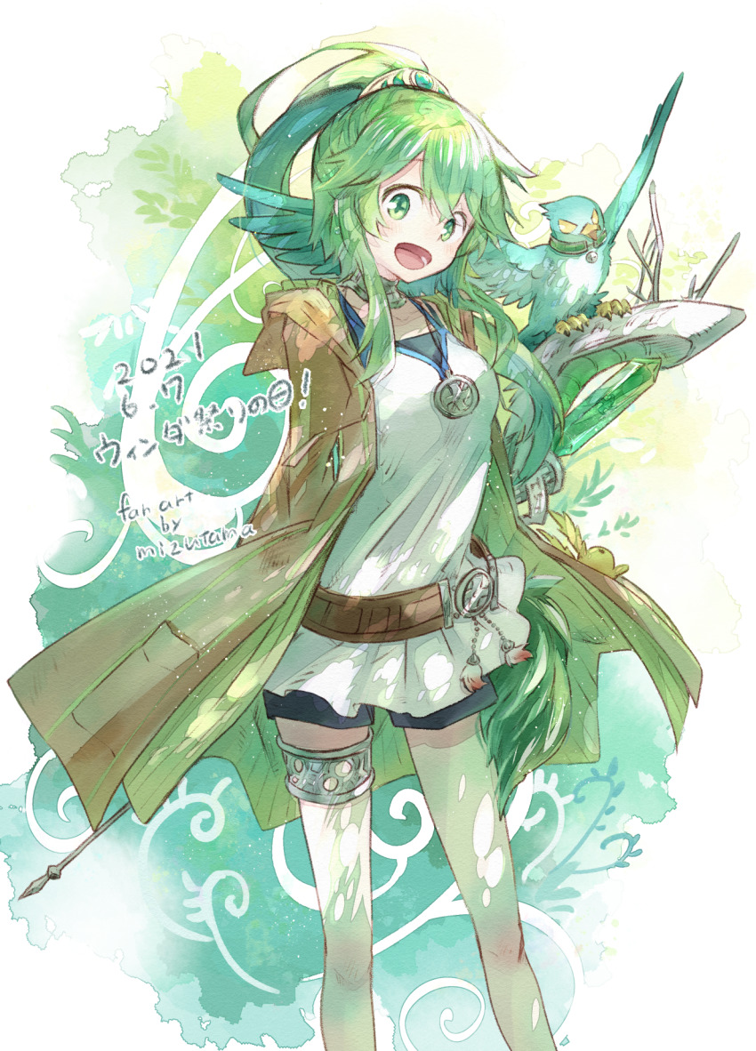 1girl :d arms_behind_back artist_name belt bird black_shorts breasts brown_belt brown_coat coat collar collarbone commentary_request cowboy_shot dated dress duel_monster green_eyes green_hair hair_between_eyes hair_ornament highres holding holding_staff hood hood_down hooded_coat jewelry long_hair long_sleeves looking_at_viewer lower_teeth_only medallion medium_breasts mizutama_(mizutamalion) necklace open_mouth partial_commentary ponytail shorts sidelocks smile staff standing stuffed_animal stuffed_rabbit stuffed_toy symbol-shaped_pupils teeth thighlet white_background white_dress winda_(yu-gi-oh!) winda_priestess_of_gusto yu-gi-oh!