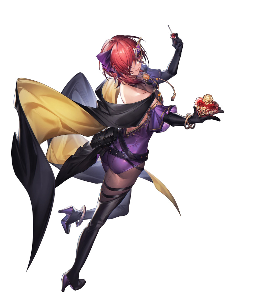 1girl artist_request belt black_gloves black_legwear boots bottle breasts cape elbow_gloves female_focus fire_emblem fire_emblem:_the_blazing_blade fire_emblem_heroes full_body gloves gold_trim hair_ornament high_heel_boots high_heels highres holding holding_bottle leila_(fire_emblem) leila_(thief)_(fire_emblem) mask matching_hair/eyes medium_breasts mole mole_under_mouth multiple_belts nintendo non-web_source official_art perfume_bottle red_eyes red_hair skin_tight solo thigh_boots transparent_background