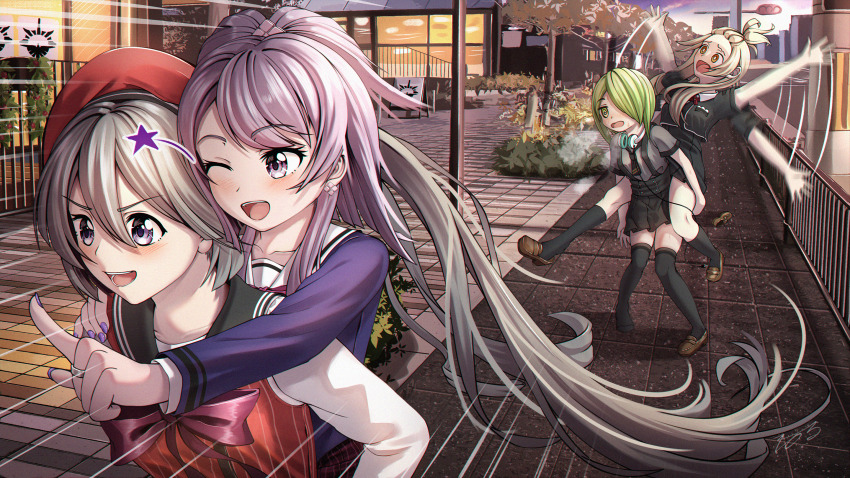 2_ru 4girls :d aika_himena azumi_hagumu carrying falling flailing heavy_breathing highres long_hair magia_record:_mahou_shoujo_madoka_magica_gaiden mahou_shoujo_madoka_magica miyabi_shigure multiple_girls one_eye_closed open_mouth piggyback pointing running shoes single_shoe smile star_(symbol) tokime_shizuka twintails very_long_hair